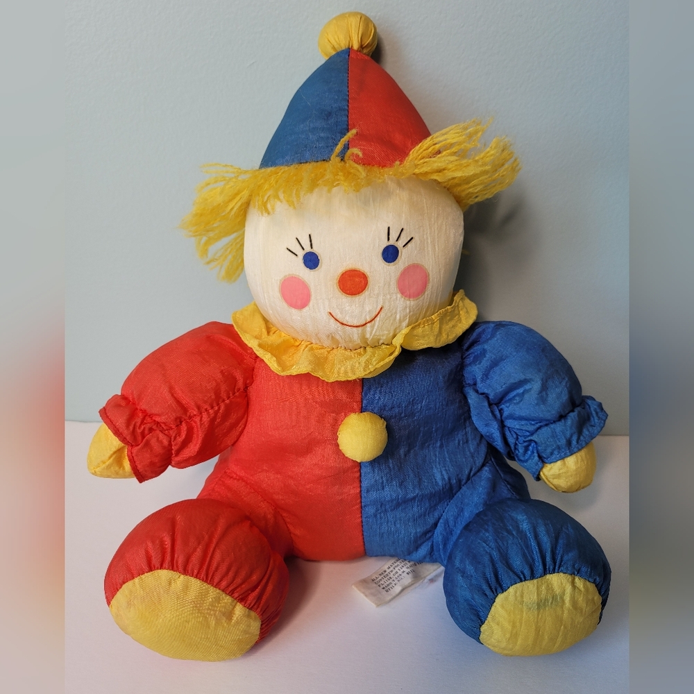 Prestige Toy Clown Nylon Plush Squeak Primary Color Block VTG Korea 1990 10"